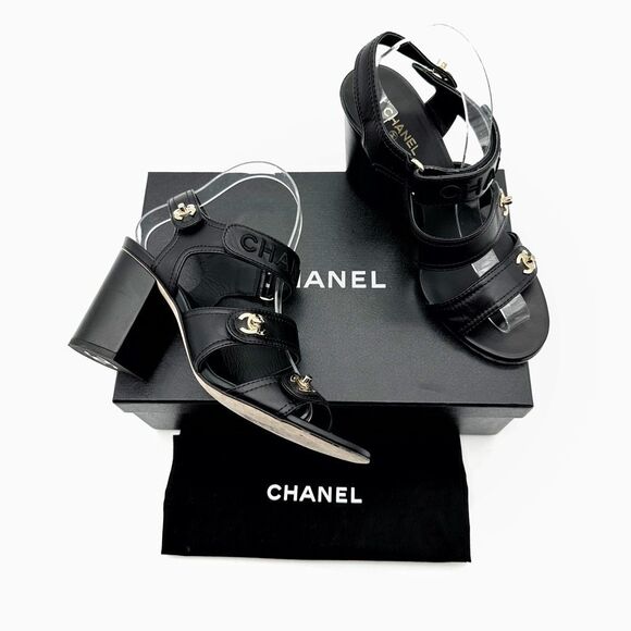 CHANEL 2021 Turnlock Black Slingback Heels Size 39 Interlocking CC Logo Sandals - Picture 2 of 14